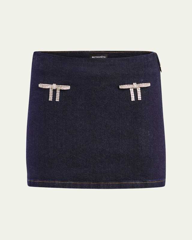 Palmer Denim Mini Skirt with Crystal Bows